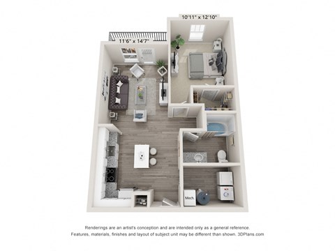 Floor plan for 1 bed, 1 bath, 756 sqft